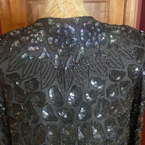 VNTG 60s Mark & John by Gopal Black n opalescent Sequin Beaded Silk Jacket Sz L - Picture 8 of 16